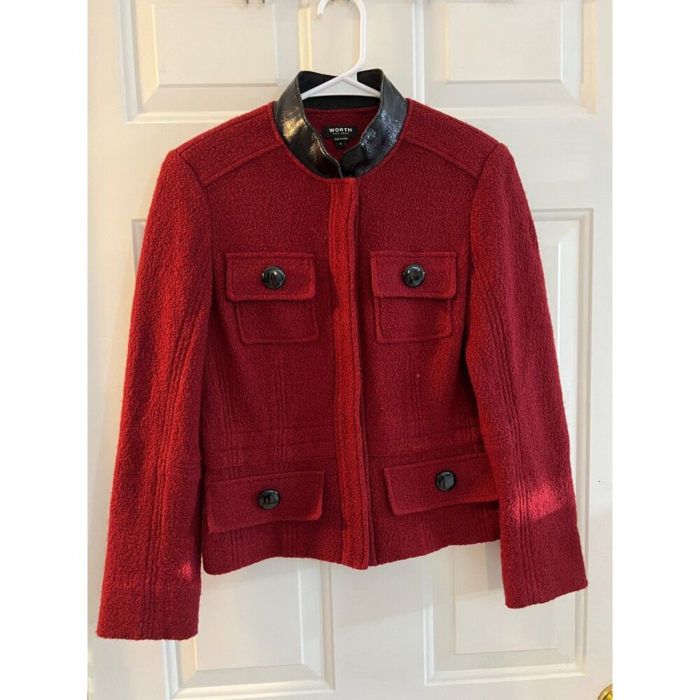 WORTH New York Red Boucle Wool Blend Pockets Jacket Trim Blazer Size 4